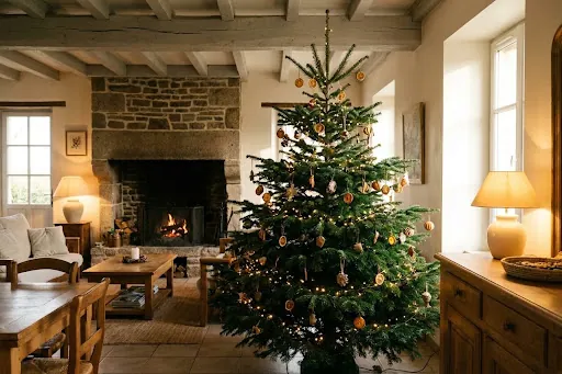 Intérieur breton chaleureux avec sapin décoré près de la cheminée
