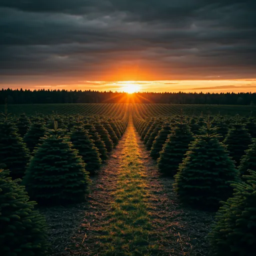 Plantation de sapins au coucher du soleil